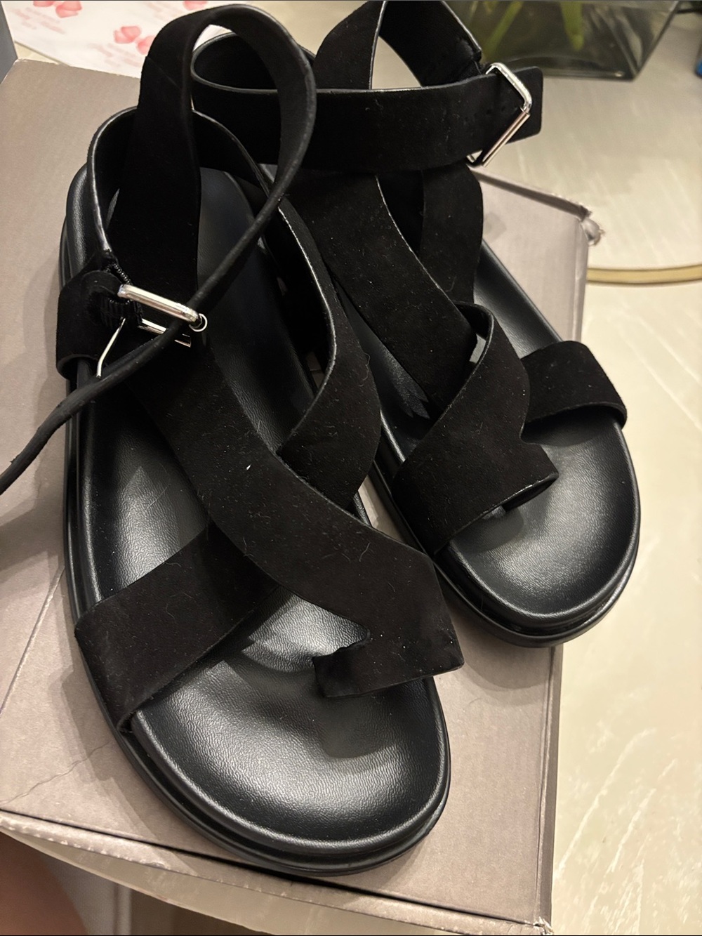H&M Black Suede Crisscross Ankle Strap Sandals